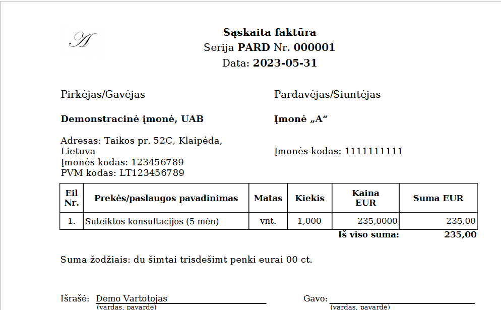 Logotipas atvaizduojamas sąskaitoje