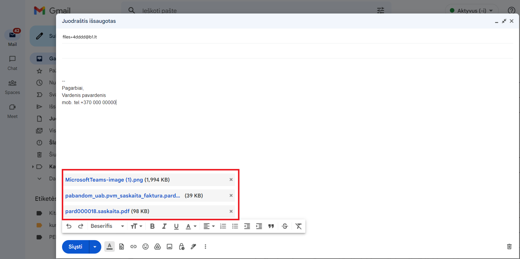 Dokumento siuntimas el. paštu į Site.pro sistemą