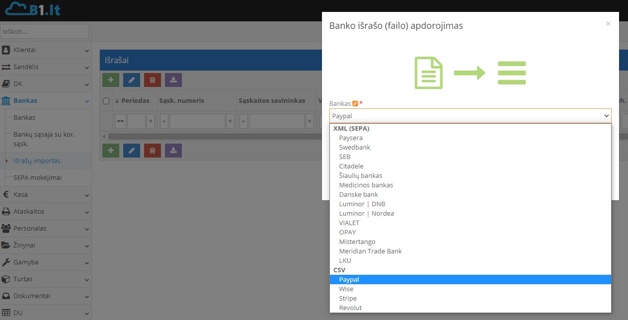 Banko išrašų importo pradžios langas Site.pro programoje