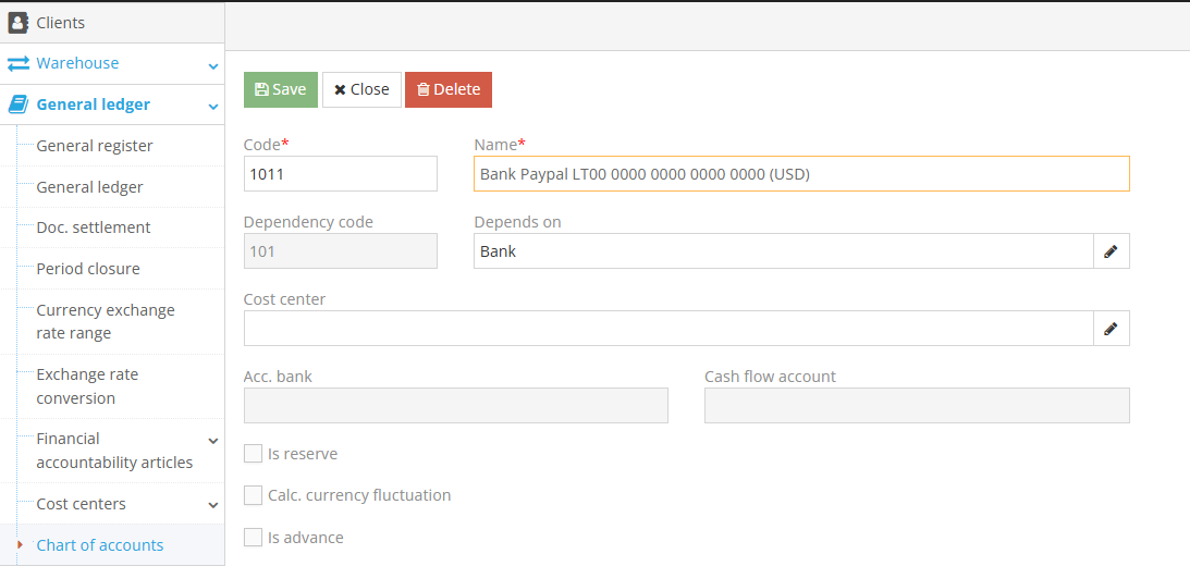 Bank account setup in chart of accounts interface