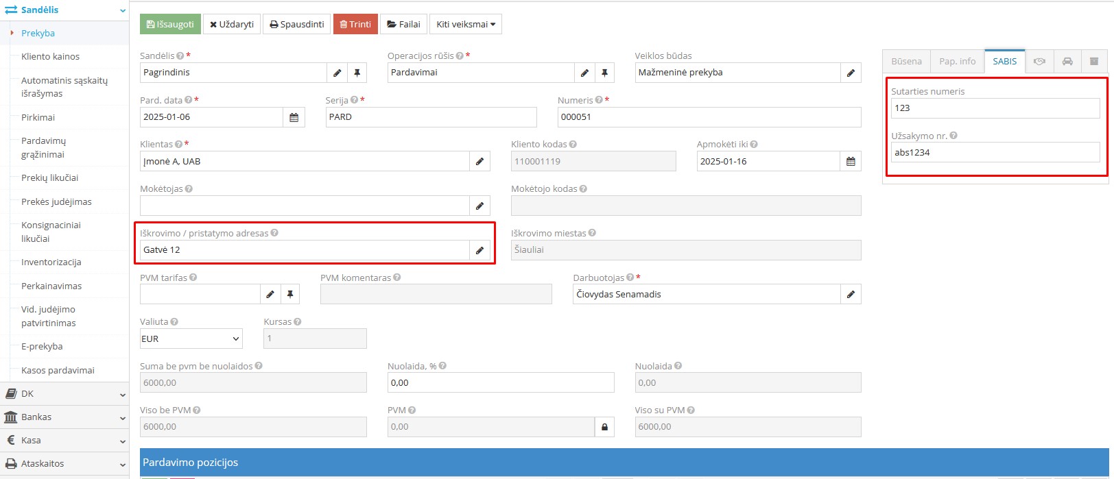 Pardavimo įrašo kūrimas su SABIS laukais