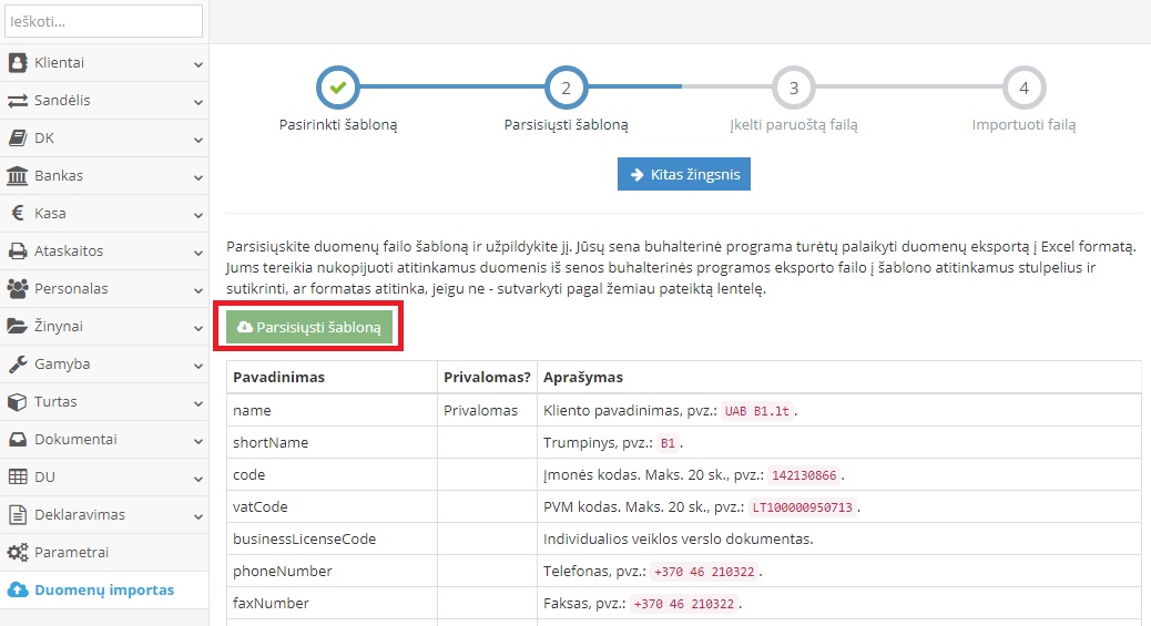 Excel šablono parsisiuntimo ir užpildymo instrukcija klientų duomenims