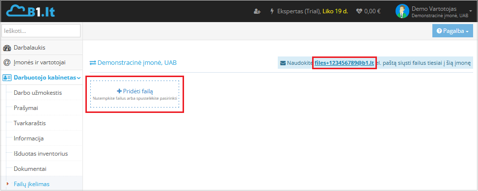 Failų įkėlimo langas darbuotojo kabinete