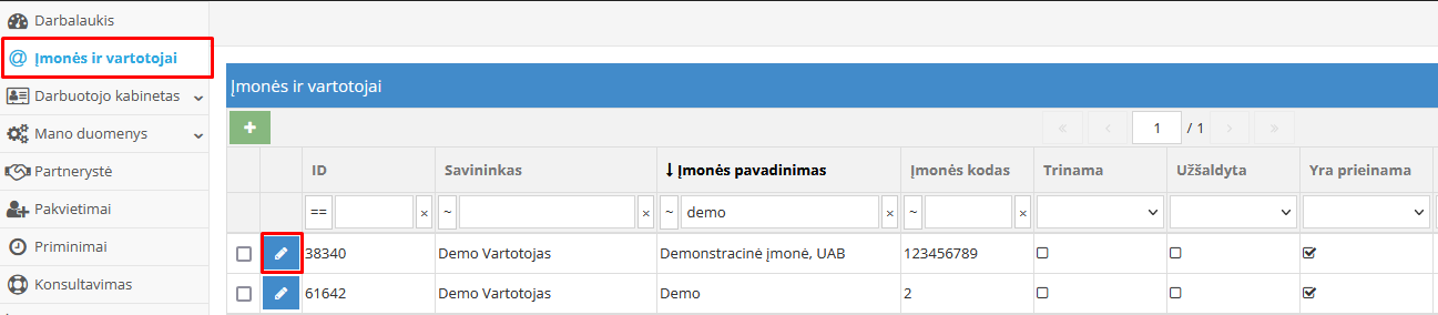 Įmonės pasirinkimas perdavimui paskyros modulyje