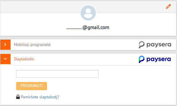 Paysera prisijungimo duomenų įvedimo langas