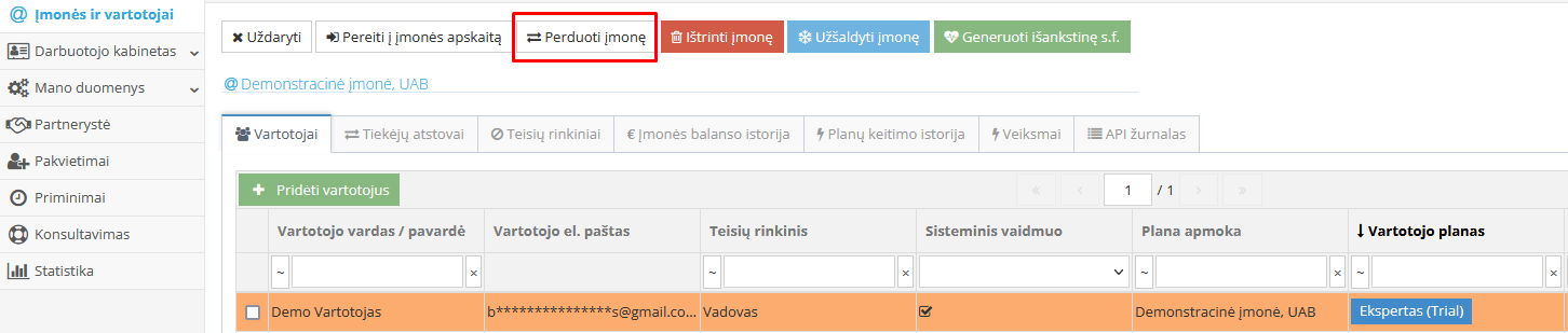 Perdavimo funkcijos pasirinkimas įmonės nustatymuose