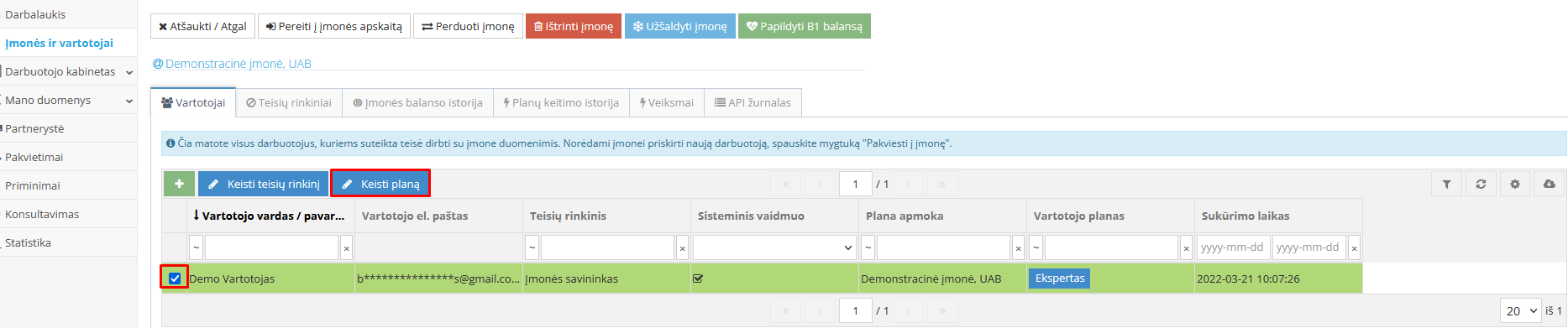 Paspauskite mygtuką Keisti planą vartotojo plano pakeitimui