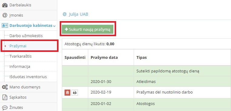 Naujo prašymo sukūrimo mygtukas