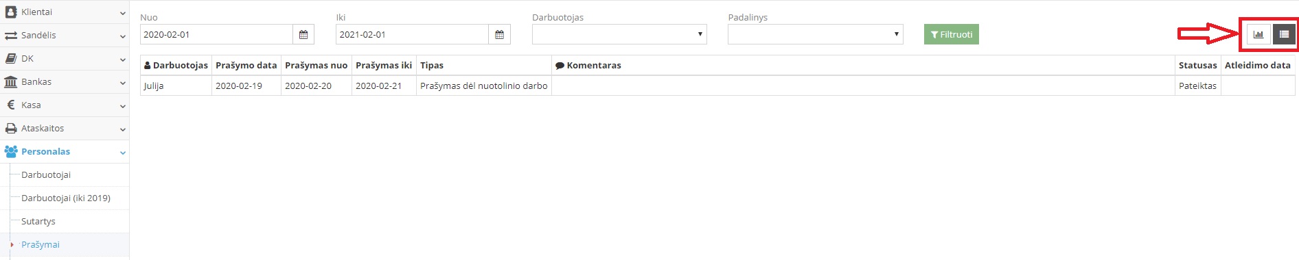 Prašymų registras personalo modulyje