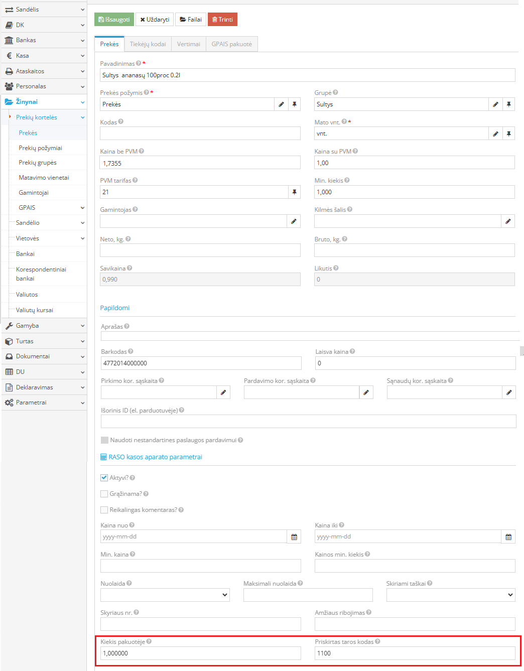 Prekės kortelės papildymas taros barkodu ir kiekiu