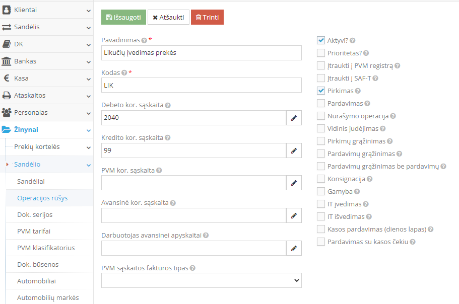 Naujos prekių likučių įvedimo operacijos kūrimas