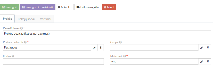 Prekės pozicijos kūrimo langas Raso kasos aparate