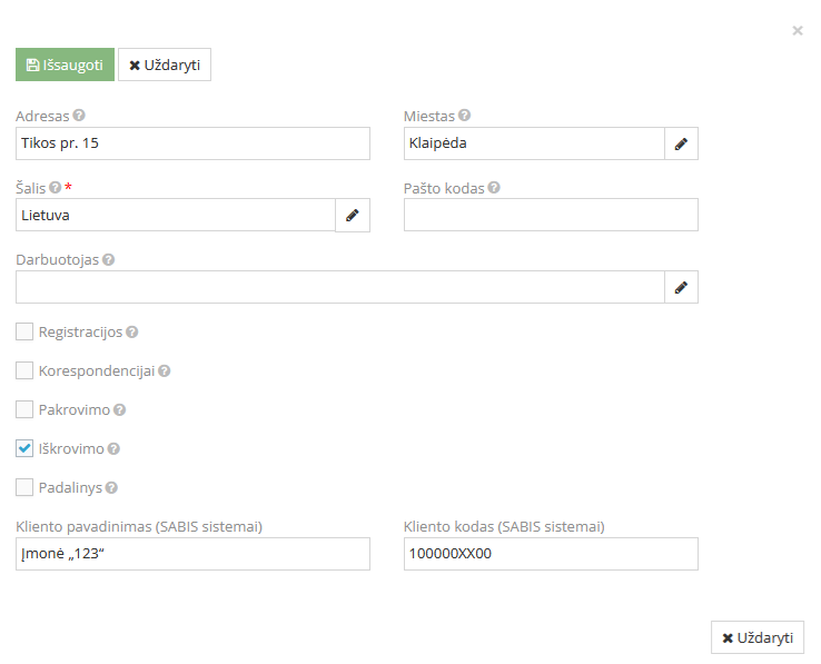 Pristatymo adreso įmonėje pavyzdys