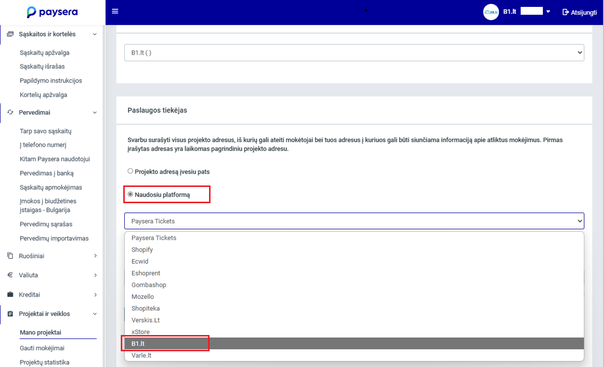 Įmokų surinkimo projekto kūrimas Paysera sistemoje