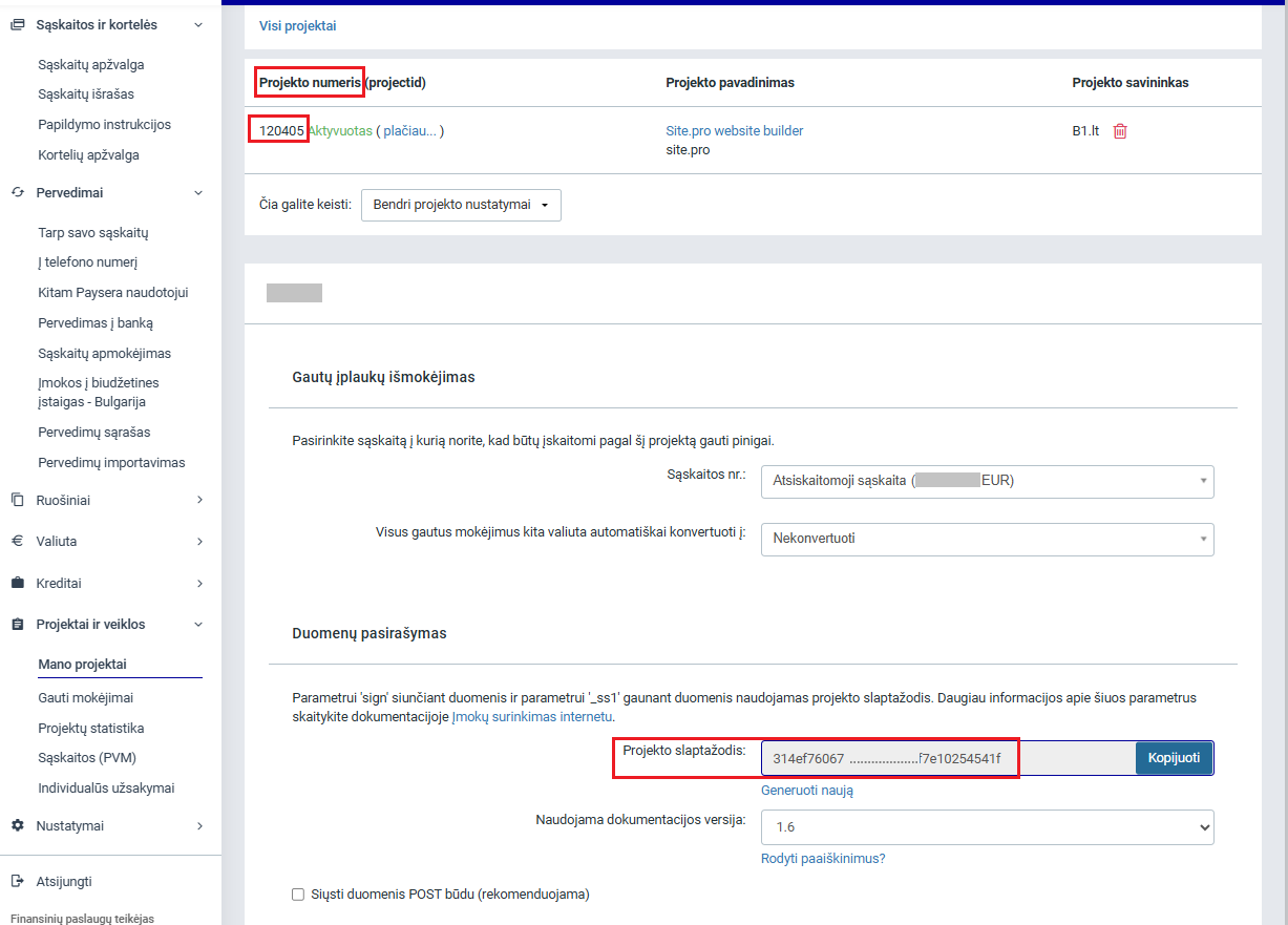 Projekto ID ir slaptažodžio peržiūra Paysera sistemoje