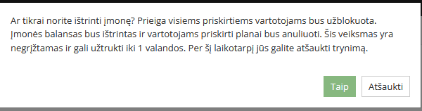 Įmonės ištrynimo patvirtinimo langas