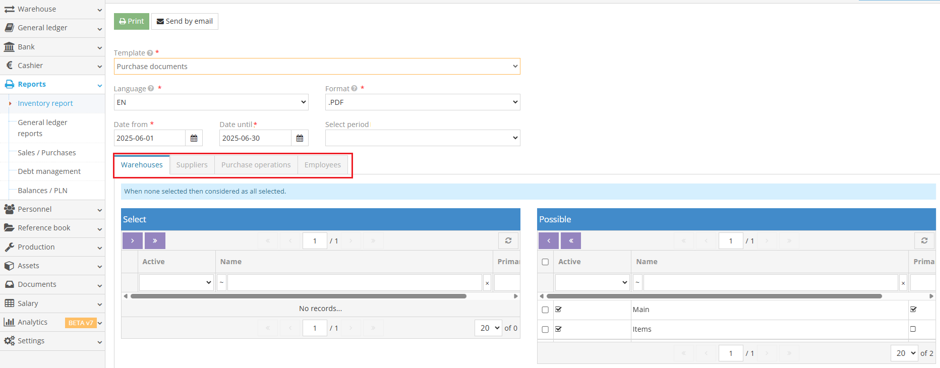 Purchase and sales documents report filters overview