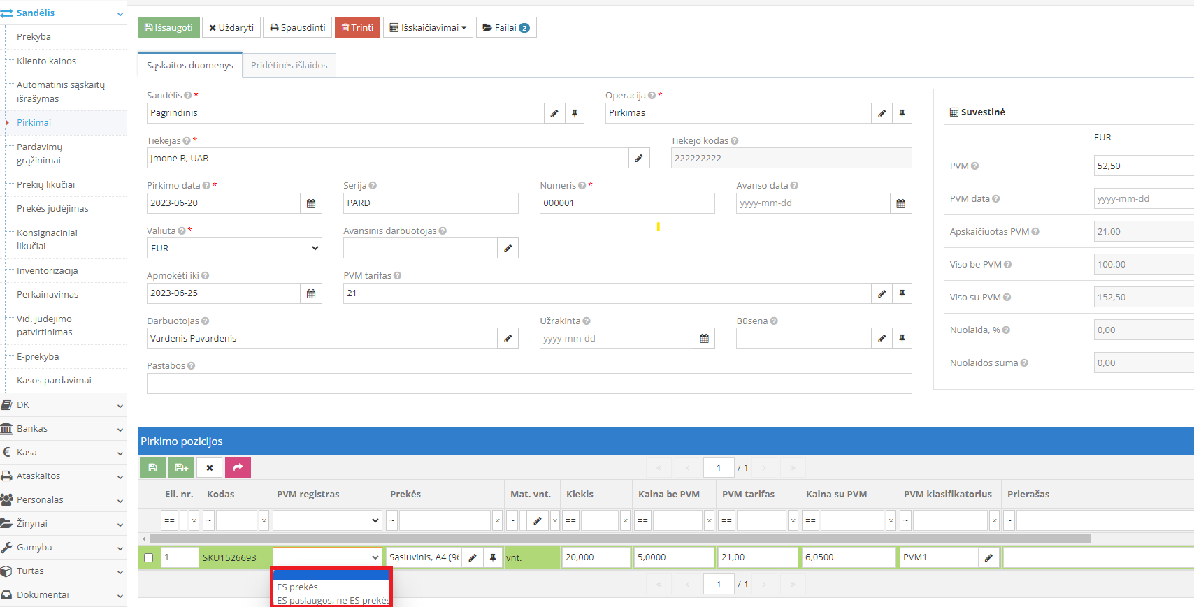 PVM registro laukelių pildymo pavyzdys