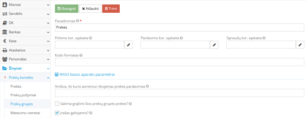 Prekių grupės kūrimo langas sistemoje