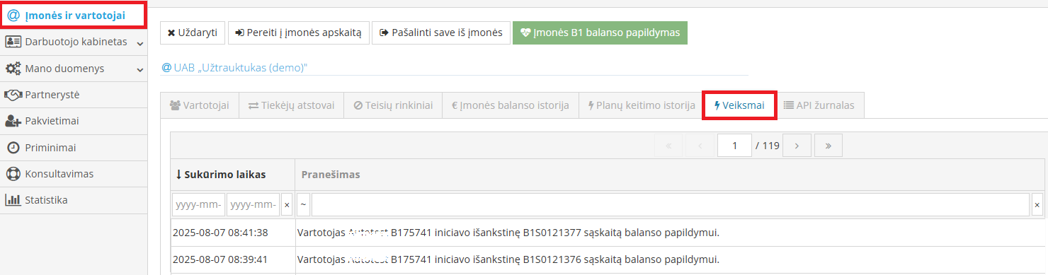 Skirtukas Veiksmai įmonės informacijoje