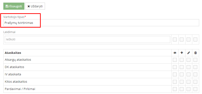 Teisių rinkinio pavadinimo laukelis