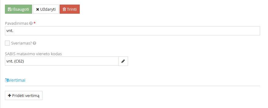 SABIS matavimo vieneto kodo priskyrimas