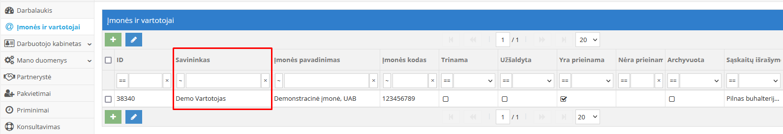 Duomenų bazės savininko peržiūra įmonės sąraše