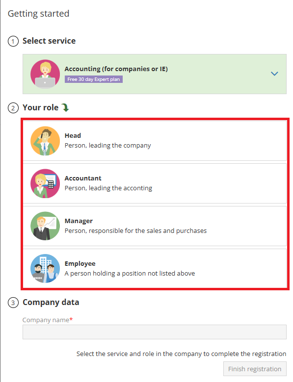 Selecting a user role in the company