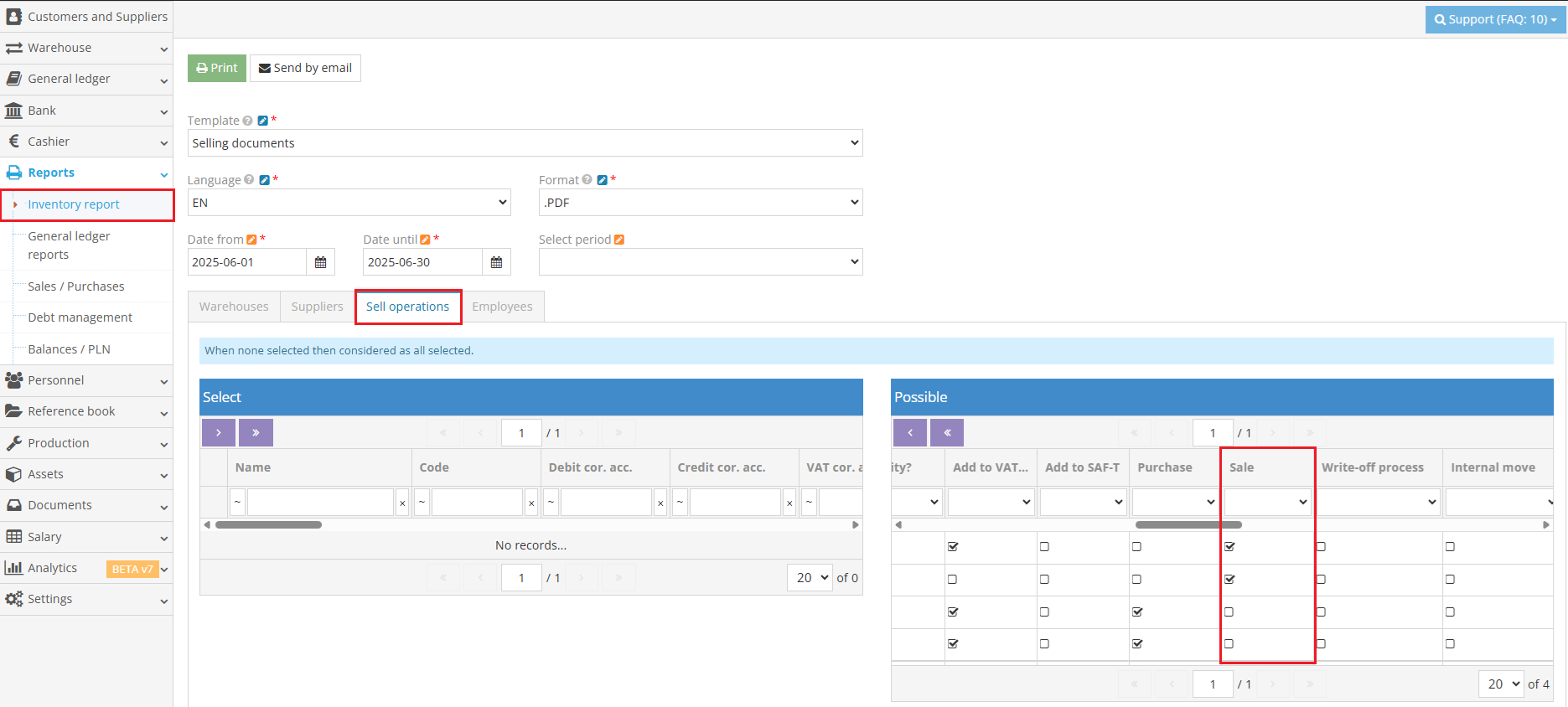 Настройка параметров для включения всех операций по продажам