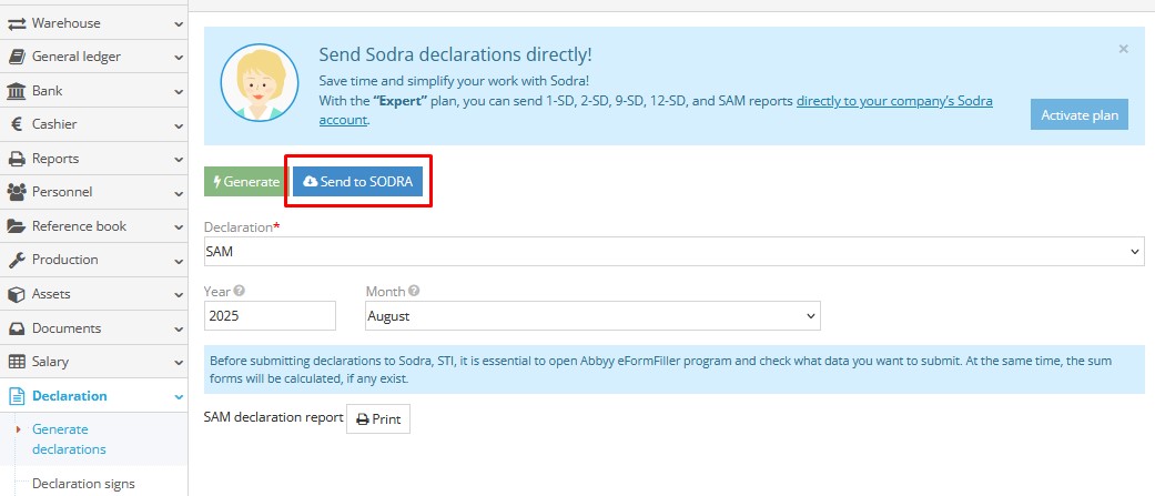 Send to Sodra button in declarations