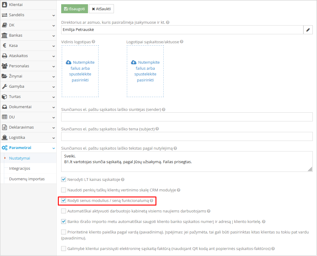 Senių modulių aktyvavimo langas nustatymuose