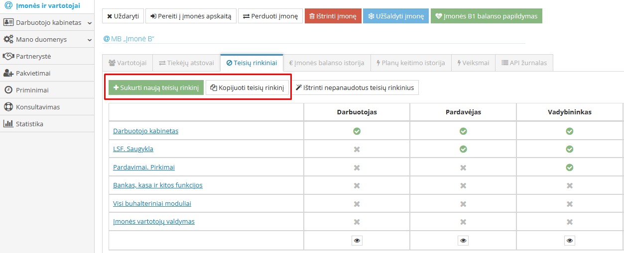 Teisių rinkinio kopijavimas ir priskyrimas įmonei