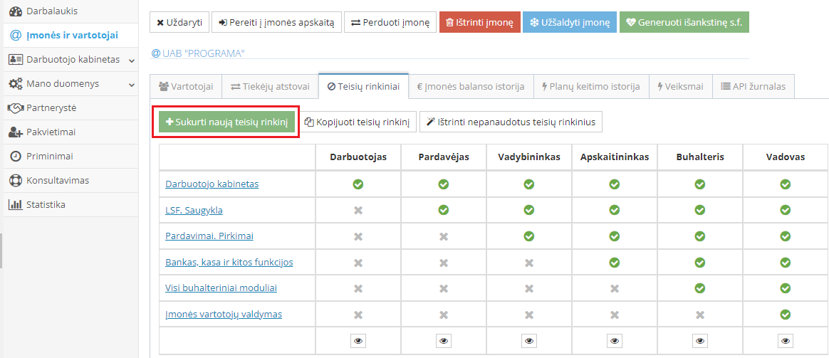 Teisių rinkinio kūrimo mygtukas programos lange