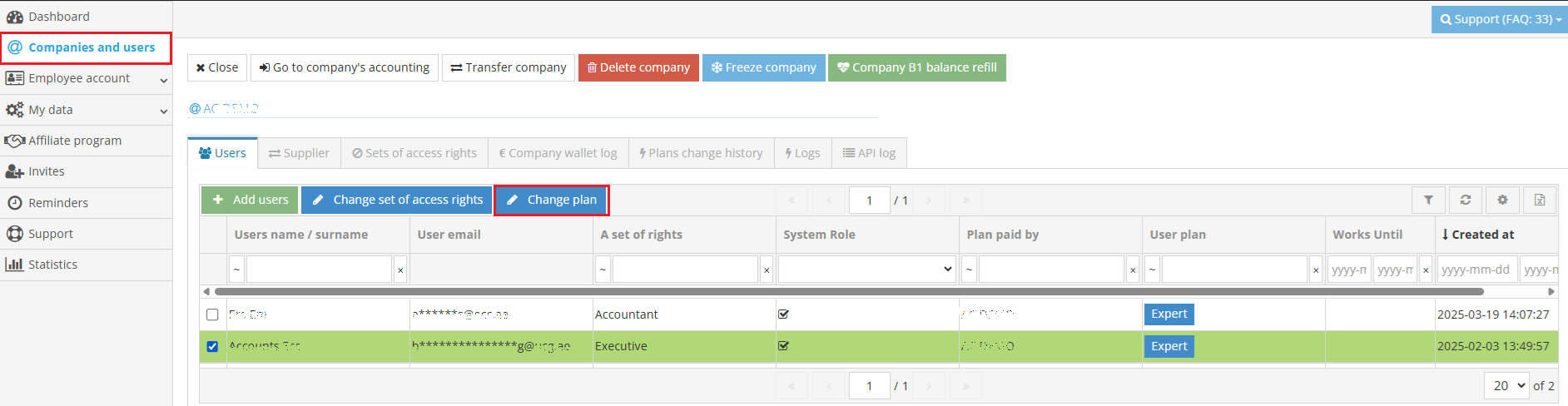 How to change the user plan in the account settings