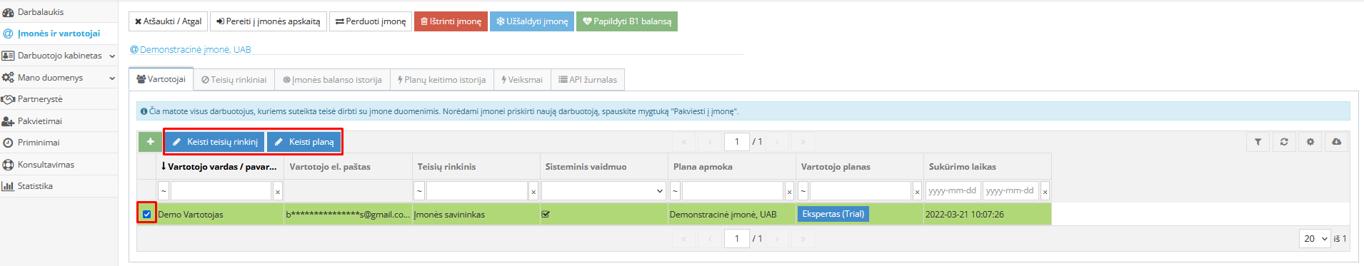 Vartotojo teisių pasirinkimo langas