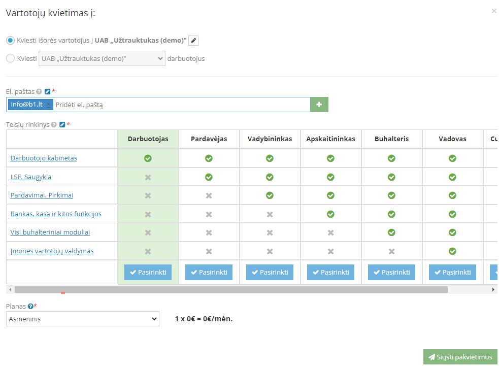 Naujo vartotojo pakvietimo langas ir nustatymai
