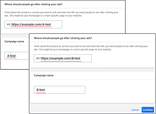 Paid ads A and B examples in Google Ads